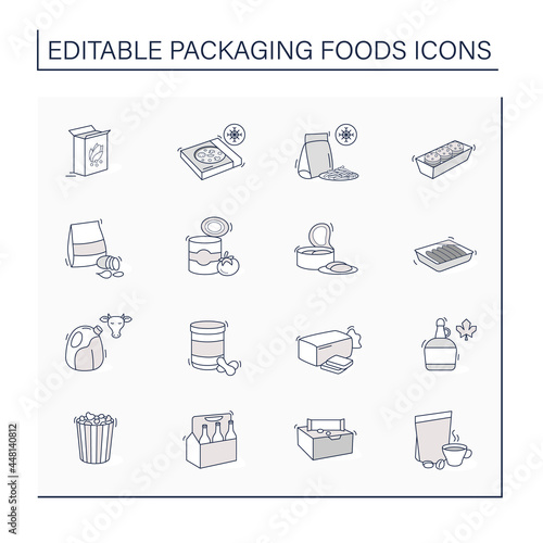 Packing foods line icons set. Difference in food packing.Portion control, individual boxes. Protection, tampering resistance from bacteria. Meal concept. Isolated vector illustrations. Editable stroke