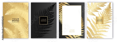 Tropical cover design set with tree fern golden leaf on background. Holiday black and gold exotic pattern for vector business, sale, wedding card, luxury menu template, summer holiday poster.
