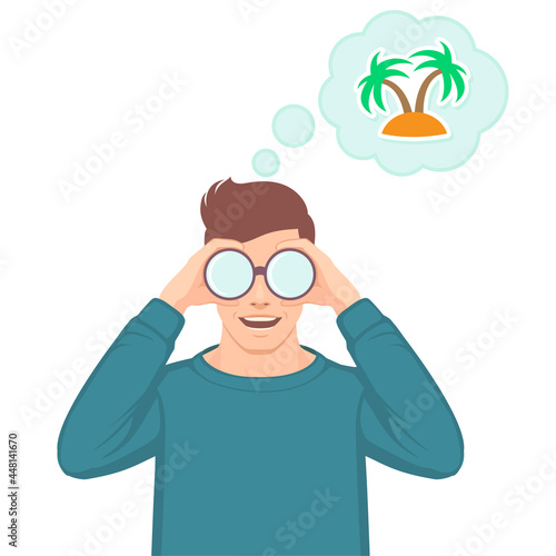 Man using binoculars  dreaming of tropical island 