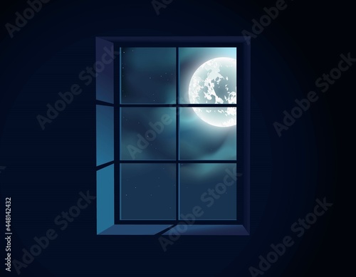 Full Moon. Window view. Moonlight. Twilight.