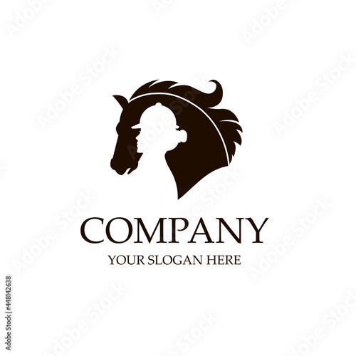 monochrome icon of horse head and woman isolated on white background