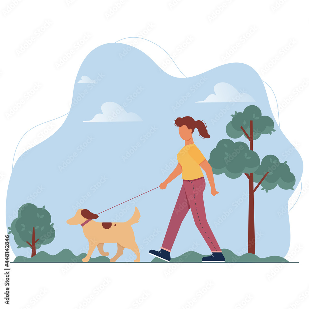 Young woman with dog on leash walking in public city park. Girl spending time with pet in forest. Lady promenades with animal among trees. - obrazy, fototapety, plakaty 