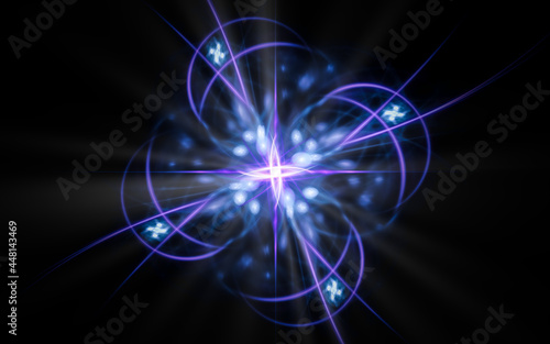 abstract illustration of a computer generated fantastic star in various shapes and shades on a black background for use in symbology, signs for digital design and graphics