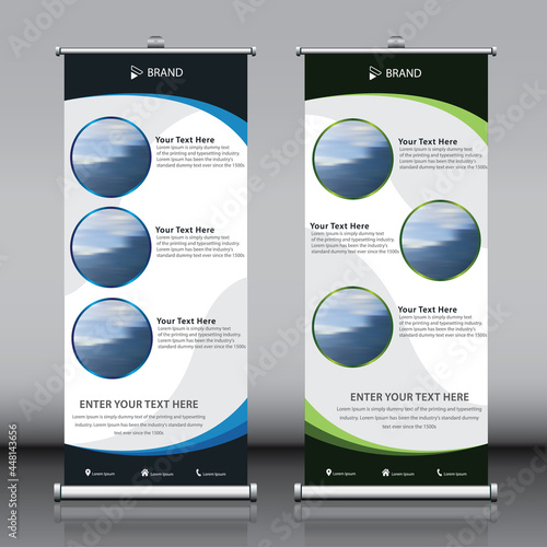Green blue grey color roll up banner design template vector with 3 images and three titles. Information advertisement X-banner and Street Business Flag Exhibition banner. 2 in 1 editable vector