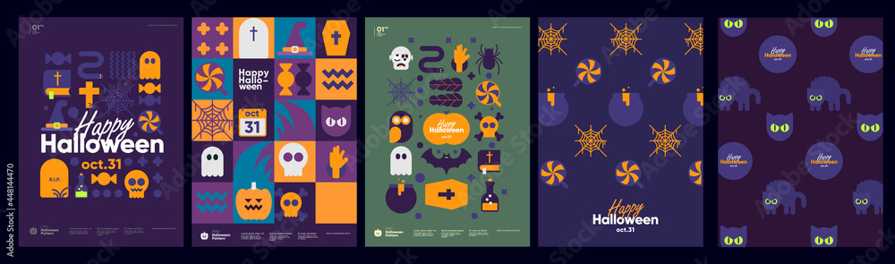 Happy Halloween. October 31. A set of simple vector illustrations. Minimalist, geometric, background pattern, icon. Perfect for poster, media banner, cover or postcard. Happy Halloween. October 31. A set of simple vector illustrations. Minimalist, geometric, background pattern, icon. Perfect for poster, media banner, cover or postcard.