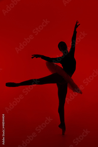 Beautiful silhouette of ballerina on red background dancing ballet. Woman performs smooth movements with hands. Sensual dancer in tutu dress on scene under infrared light.. 