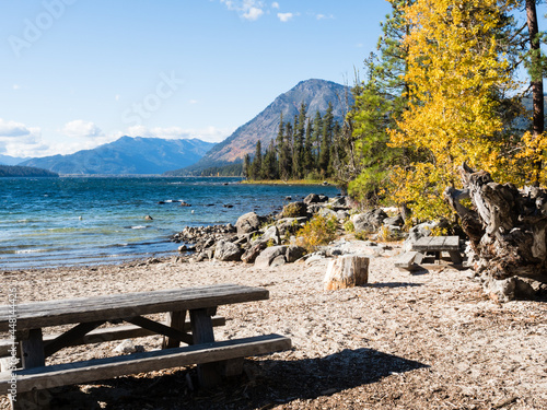 Fall foliage on the banks of Lake Wenatchee - Washington state, USA photo