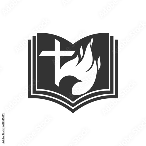 Christian illustration. Church logo. The cross of the Lord Jesus Christ, an open Bible, a dove and a flame of fire are symbols of the Holy Spirit.