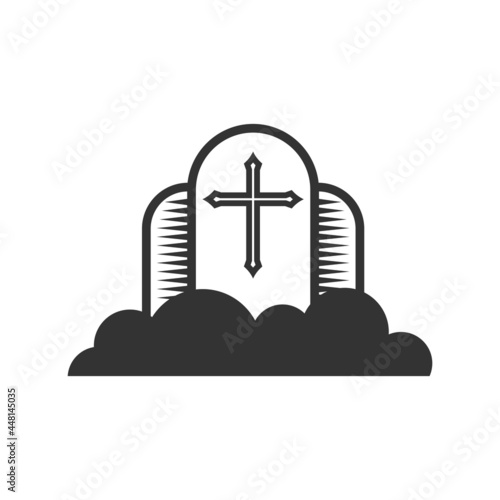 Christian illustration. Church logo. Cross of the Lord Jesus Christ against the background of clouds, the kingdom of God.