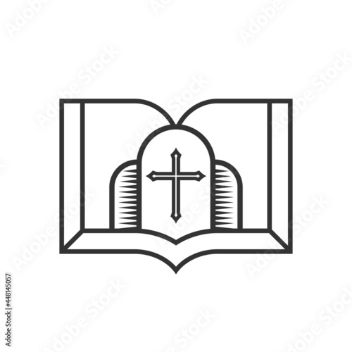 Christian illustration. Church logo. Cross of the Lord Jesus Christ and open bible.
