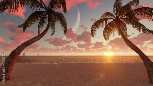Beautiful tropical seascape sunset on beach 3d render