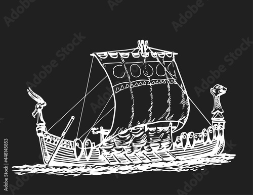 Drakkar, old sailing ship, graphic hand drawing. Sea or river transport, an isolated object. Vector