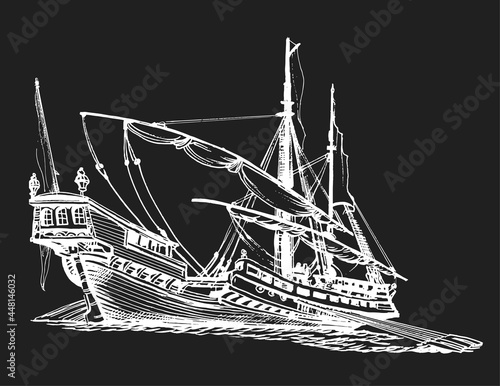 Ancient Ship, Wooden Sailboat with Oars, Sketch Hand Drawing. Vector