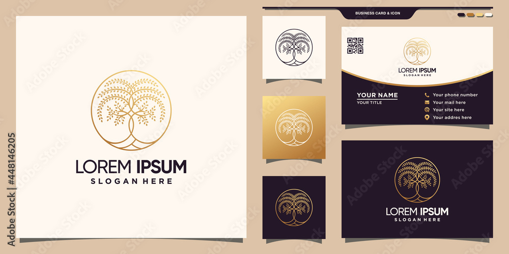 Tree logo design with linear style and circle concept. icon logo template and business card design Premium Vector