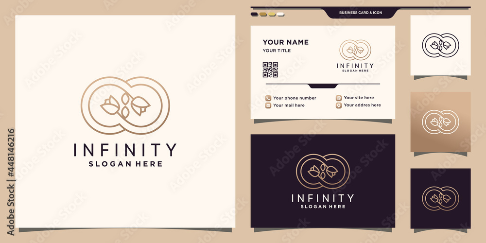 Symbol of infinity and rose flower logo with line art style and business card design Premium Vector