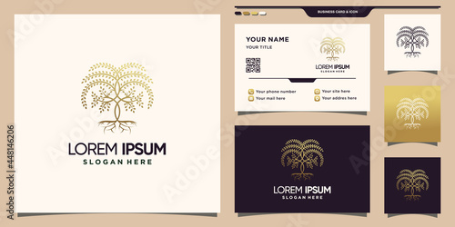 Creative tree logo with golden linear style color and business card design Premium Vector