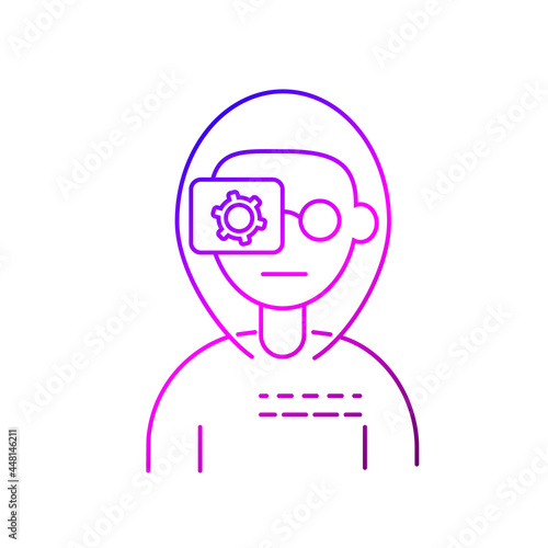 Cyberpunk human with camera eye outline icon. Bio-robot gadgets