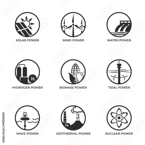 Sustainable and renewable power icon set. green energy icons. eco friendly and alternative power symbols