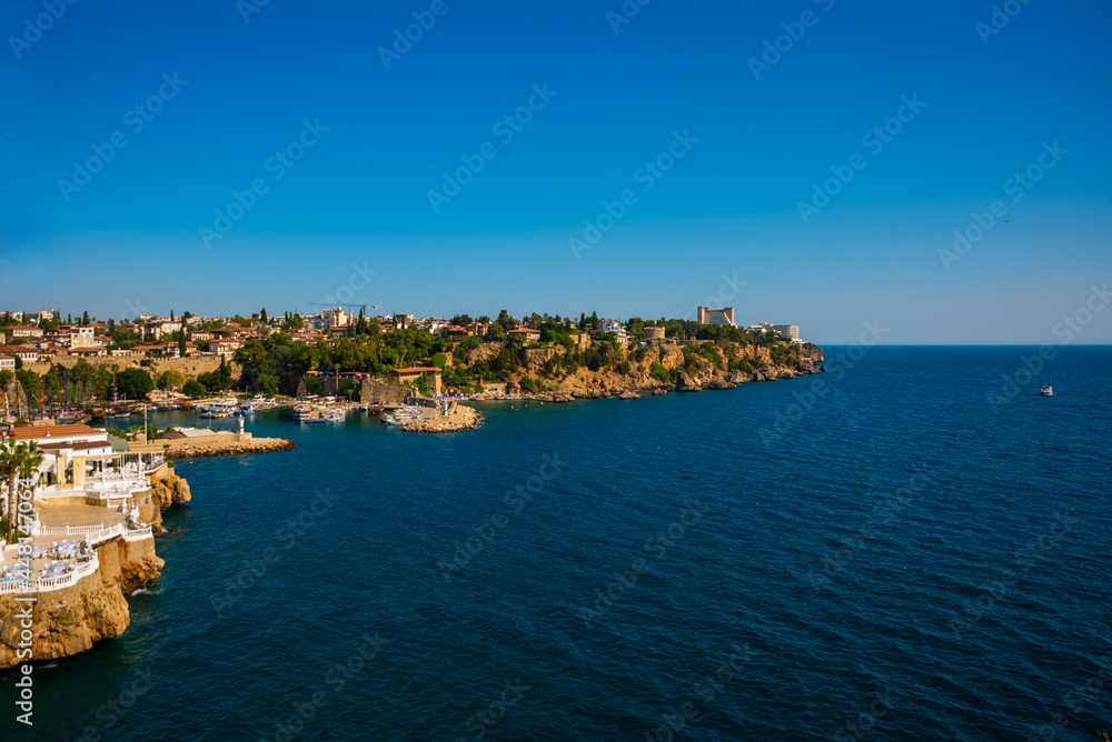 ANTALYA, TURKEY: Top view of the sea and the city from Ataturk Park on a sunny summer day in Antalya.
