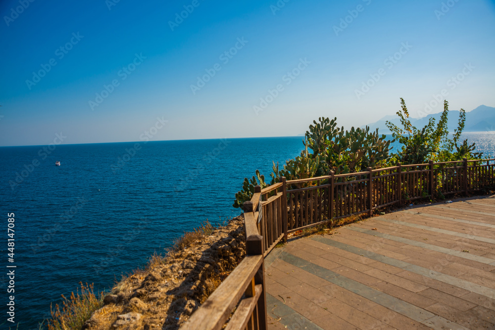 ANTALYA, TURKEY: Top view of the sea and the city from Ataturk Park on a sunny summer day in Antalya.