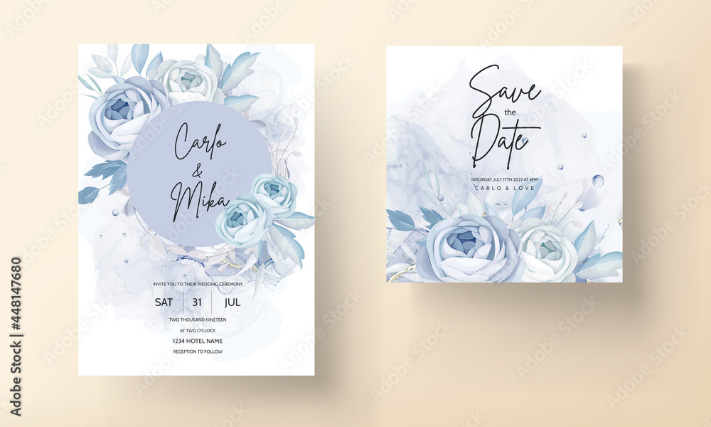 Elegant blue peony flower and leaves wedding invitation card design