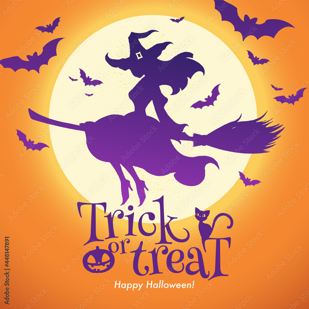 Witch fly on broomstick with black cat against orange background of the full moon vector banner. Happy Halloween greeting and trick or treat concept.