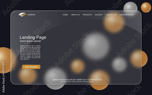 Website landing page vector template. Black background with golden and silver balls for webpage and application with glassmorphism effect