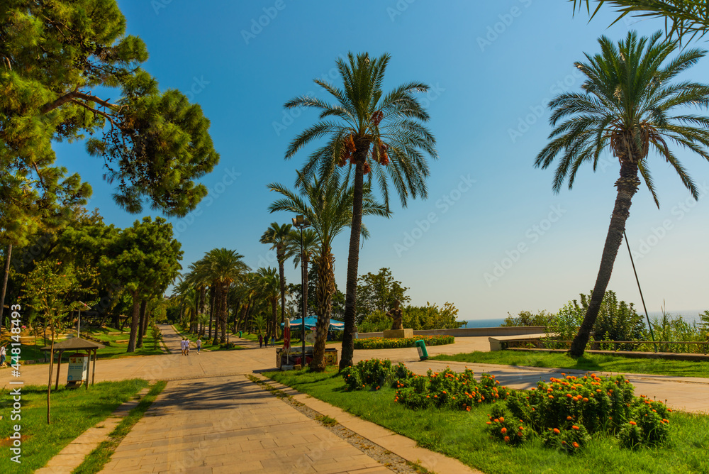 ANTALYA, TURKEY: Picturesque Karaalioglu park with palm trees on a sunny day in Antalya.