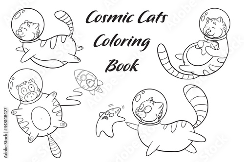 Cartoon Cats in Space Coloring Page. Funny Cosmic Cats sketch. Cute animals in space illustrations for coloring book
