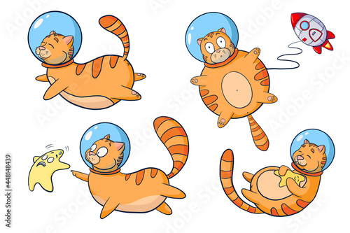 Cosmic Cats Cartoon Illustrations Collection. Set of cute animals astronaut isolated vector illustrations. Cats in space for logo, nursery decor, sticker, print, background, game design