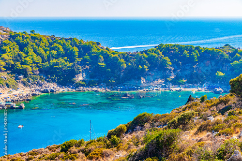 Anthony Quinn Bay with turquoise clear water Faliraki Rhodes Greece.