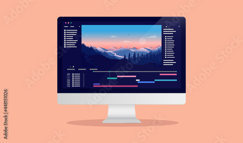 Video editing on desktop computer - Software to edit videos on screen with nature landscape scene, timeline and user interface. Multimedia and film production concept. Vector illustration