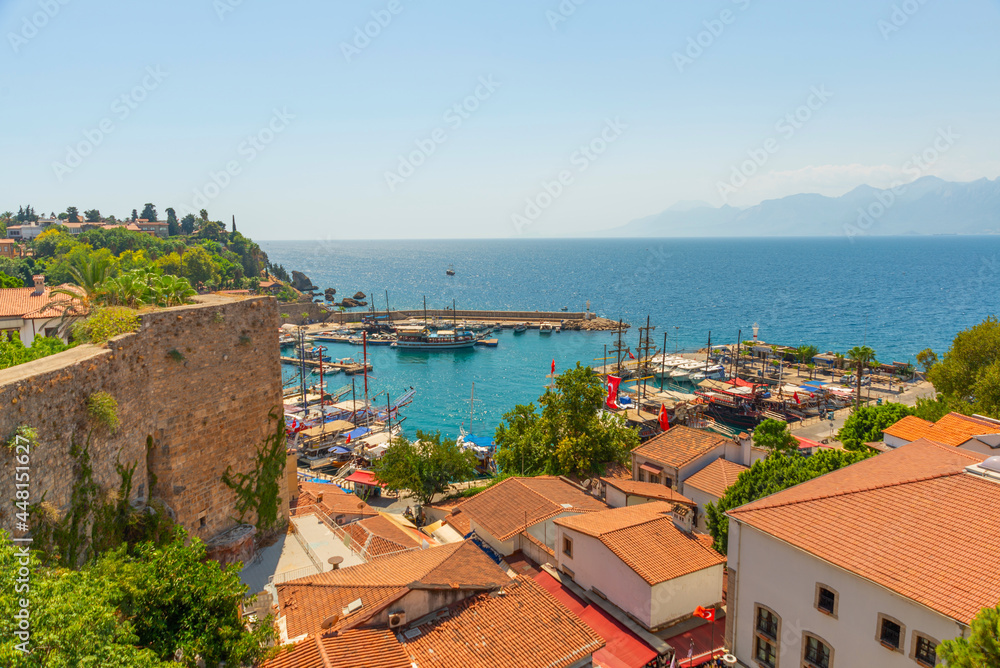 ANTALYA, TURKEY: Top view of the old Harbor in Antalya on a sunny summer day.