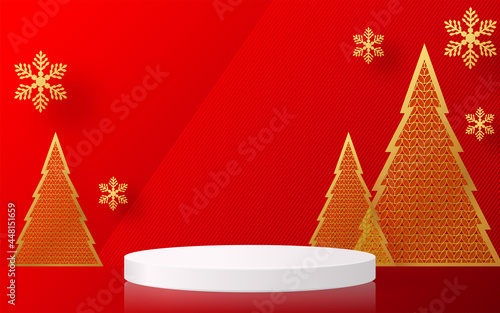 Christmas and New Year podium background vector design 3d products or show cosmetic product display. stage pedestal or platform. winter christmas red background.