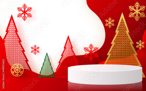 Christmas and New Year podium background vector design 3d products or show cosmetic product display. stage pedestal or platform. winter christmas red background.