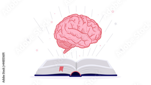 Gain knowledge from books - Open text book lying down with big human brain flying above. Reading, intelligence and wisdom concept, vector illustration