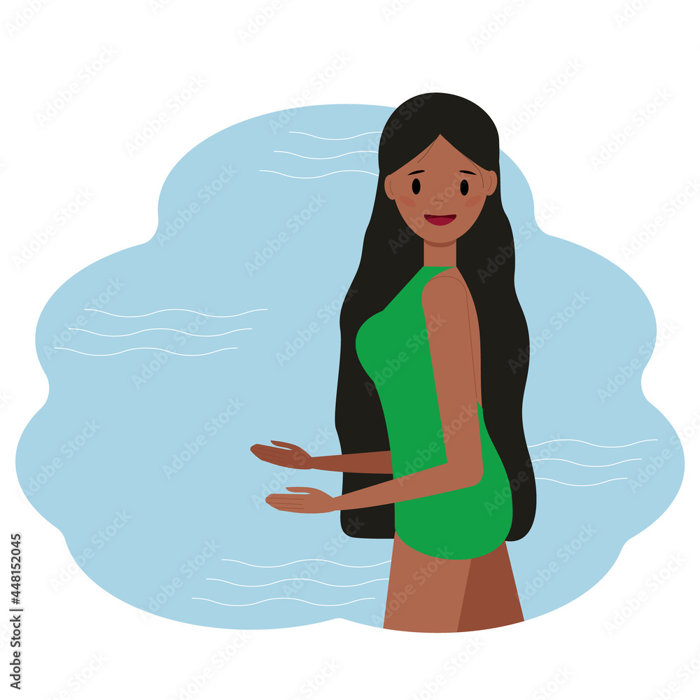 Illustration of a young woman in a knee-length swimsuit in blue water