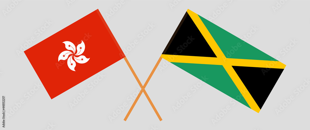 Crossed flags of Hong Kong and Jamaica. Official colors. Correct proportion Crossed flags of Hong Kong and Jamaica. Official colors. Correct proportion