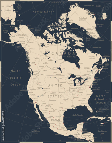 North America Map Old Vintage Color