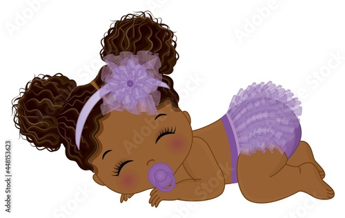 African American Baby Girl Wearing Purple Ruffled Diaper Sleeping. Vector Black Baby Girl