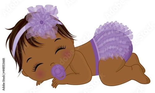 African American Baby Girl Wearing Purple Ruffled Diaper Sleeping. Vector Black Baby Girl