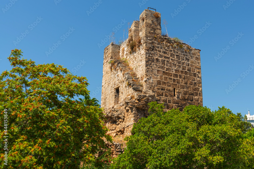 ANTALYA, TURKEY: An ancient stone fortress tower in Antalya.