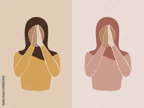 Muslim woman praying in hijab. Flat concept vector illustration.