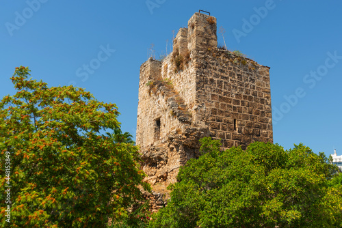 ANTALYA, TURKEY: An ancient stone fortress tower in Antalya.