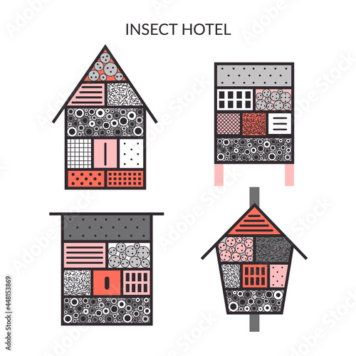 Insect hotels for gardens and farms made of wood with holes. Decorative bee and bugs house for gardens. Shelter for pollinators, wasps, ladybirds flat vector illustration set.