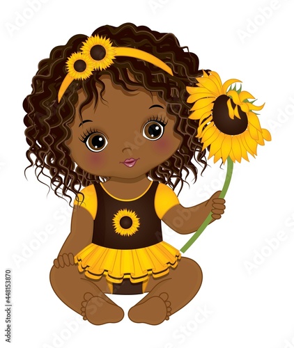Cute African American Baby Girl Holding Sunflower. Vector Black Baby Girl with Sunflower