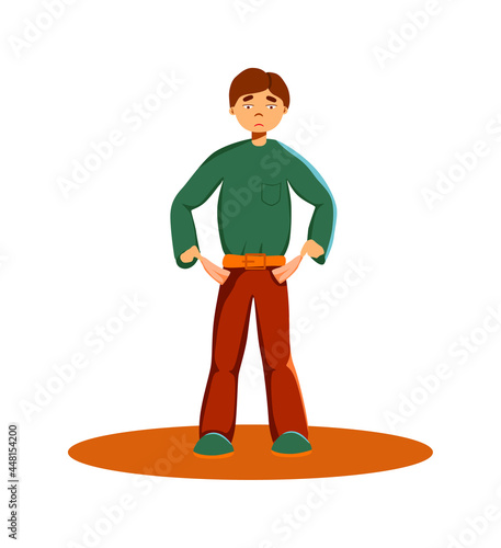 Unhappy sad unemployment beggar man standing in poor clothes