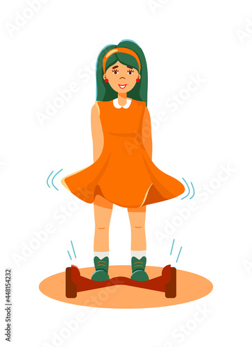 Wealthy happy woman riding hoverboard isolated on white