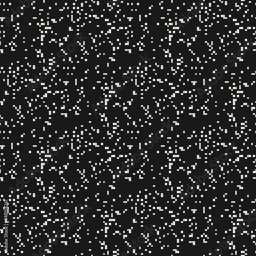 Vector monochrome pixel background. Abstract seamless pattern with small random scattered squares, rectangles, tiny dots. Black and white minimal grunge halftone texture. Stylish dark repeated design