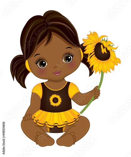 Cute African American Baby Girl Holding Sunflower. Vector Black Baby Girl with Sunflower